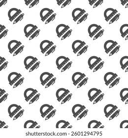 Protractor ruler and pen solid seamless pattern, architect studio theme. Vector graphics. Ruler tool with pen sign with background, repeat glyph icon