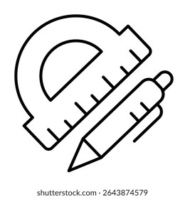 Ícone da linha fina da régua e da caneta do transferidor, conceito do estúdio do arquiteto. Gráficos vetoriais. Ferramenta de régua com sinal de caneta sobre fundo branco, estilo móvel ou design