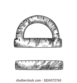 Un protractor y una regla en el estilo del dibujo. Sujeto a la escuela, formación. aislado en blanco. El diseño de la escuela de educación. Ilustración del vector