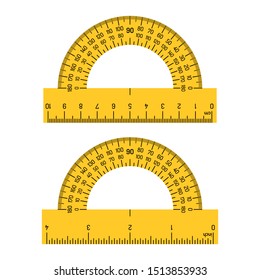 Protractor scale, degree grid and measuring rulers vector illustration isolated on white background. Flat design of colorful tool supplies. Measuring scale in centimeters, millimeters and inch