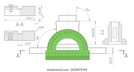 Protractor .School education. Items for drawing. Technical drawing . Vector illustration