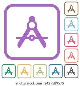 Protractor solid simple icons in color rounded square frames on white background