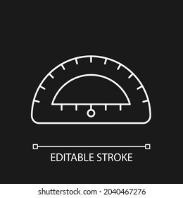 Protractor white linear icon for dark theme. Instrument for constructing, measuring angles. Thin line customizable illustration. Isolated vector contour symbol for night mode. Editable stroke