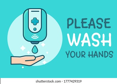 Protruding hands to receive drops of alcohol gel to wash hands With the message please wash your hands.