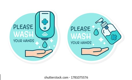 Protruding hands to receive drops of alcohol gel to wash hands With the message please wash your hands.