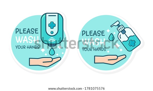 Protruding hands to\
receive drops of alcohol gel to wash hands With the message please\
wash your hands.