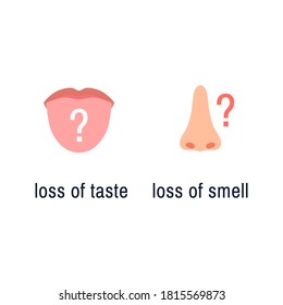 Protruding tongue mouth nose flat icons isolated on white background. Smell and taste sense loss concept with question mark Flu virus cold coronavirus runny nose symptom sign Color vector illustration