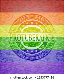 Protuberance emblem on mosaic background with the colors of the LGBT flag