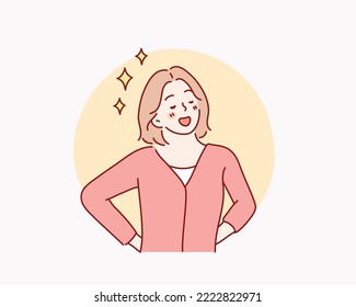 Proud and accomplished young woman smiling with pride, confidence, high self esteem, empowered confident leader student. Hand drawn style vector design illustrations.