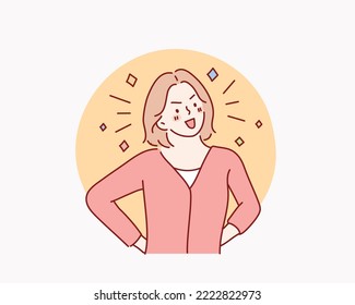 Proud and accomplished young woman smiling with pride, confidence, high self esteem, empowered confident leader student. Hand drawn style vector design illustrations.