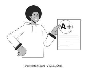 Orgulloso estudiante afroamericano de línea plana de carácter vector blanco negro. El esquema editable del alumno de medio cuerpo muestra en blanco con marca en blanco. Ilustración simple de dibujos animados para el diseño gráfico web