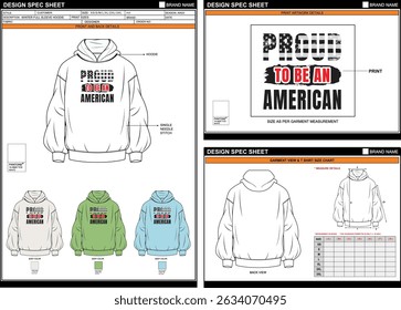 PROUD AMERICAN DTF PRINT ON STYLISH TRENDY WINTER HOODIE EDITABLE EMPTY TECHPACK MEASUREMENT TEMPLATE