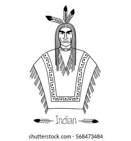 Proud American Indian. Black-and-white. Isolated on a white background