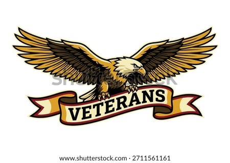 Proud bald eagle with outstretched wings clutching a ribbon banner with the word veterans, a powerful patriotic symbol.