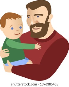 Proud bearded father holding his smiling son, isolated on white background