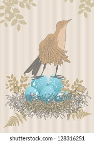 Proud bird parent and its babies