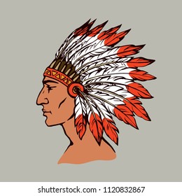 Proud brave navajo chieftain male person in big adornment warbonnet isolated on white background. Bright color hand drawn picture logo sketchy in antique art doodle graphic style pen on paper