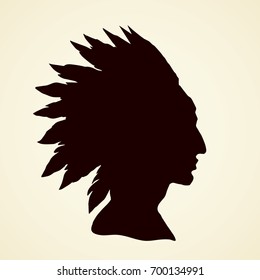 Proud brave navajo injun chieftain male person in big adornment warbonnet isolated on white background. Outline ink hand drawn picture logo sketchy in antique art engraving graphic style pen on paper