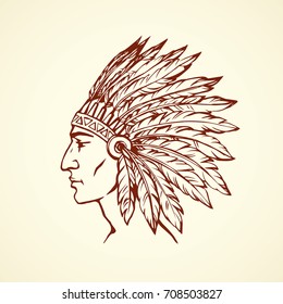 Proud brave navajo injun chieftain male person in adornment warbonnet isolated on white background. Outline ink hand drawn picture logo sketchy in antique art engraving graphic style pen on paper