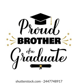 Proud brother of a graduate lettering with graduation cap. Graduation quote typography poster.  Vector template for greeting card, banner, sticker, label, shirt, etc