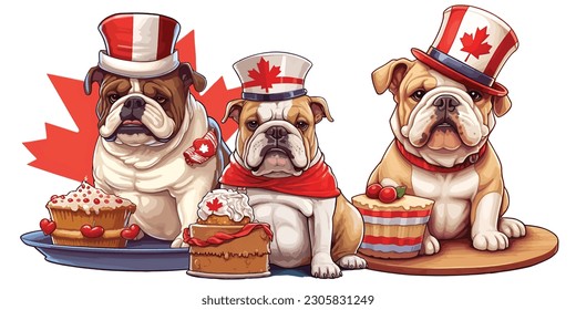 A proud bulldog holding a delicious cake adorned with maple leaves in canada day.Illustration of T-shirt design graphic.	