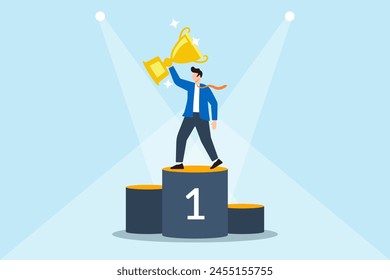 Proud businessman holds winner trophy atop the first place podium under spotlight. Concept of success, victory, being award winner, achieving excellence, and reaching pinnacle of career success