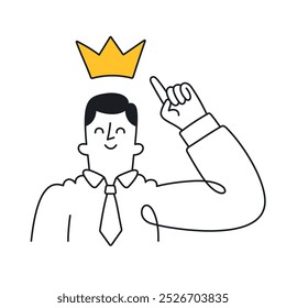 Proud businessman pointing at a crown symbolizing leadership and success. Doodle style with an editable strike.