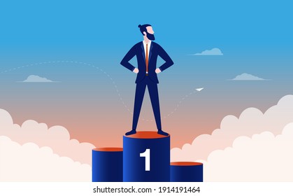 Proud businessman winning first place - Man standing on top of podium after being rewarded with 1st place. Winner, champion and success concept. Vector illustration.
