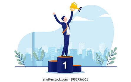 Proud Businessman Winning First Place - Man Standing On Top Of Podium Holding Trophy After Being Rewarded With 1st Place. Winner, Champion And Success Concept. Vector With White Background