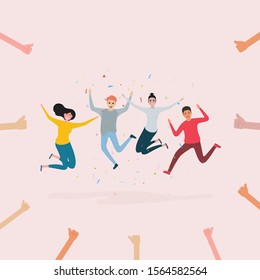 Proud Businesspeople sign & hands icons on background.Successful business people with many thumbs up.Cartoon character.Acknowledgement & Business compliment concept.Success & Achievement concept.