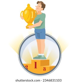 Proud cartoon man hugging gold cup. Funny people. Illustration concept template for website, web landing page, banner, presentation, social, poster, promotion or print media.