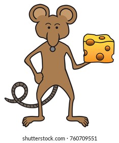 Proud cartoon mouse is holding a large piece of cheese