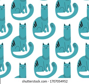 "Proud cat"funny seamless print with blue cats. Vector pattern of kittens, drawn in vector in doodle style. For print, factory textiles, stickers, posters, cards, -shirts, wallpapers. Isolated on a white