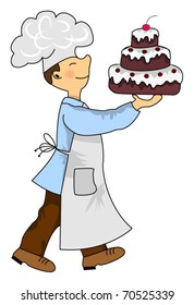 A Proud Chef Carrying A Three Tiered Chocolate Cake