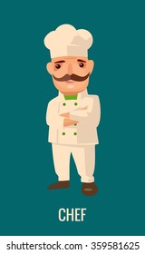 Proud chef cook man with a mustache crossed his arms. Vector flat illustration isolated on blue background. Hand drawn design element for label and poster.