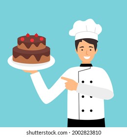 Proud chef with plate of chocolate cake for customer in hotel restaurant. Bakery chef character concept.