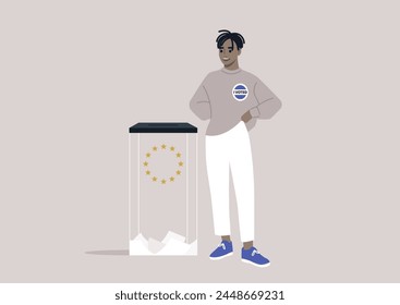 Proud Citizen Casting Vote at EU Ballot Box, A smiling character dons an I Voted badge at the European Union Parliament elections