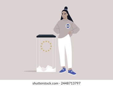 Proud Citizen Casting Vote at EU Ballot Box, A smiling character dons an I Voted badge at the European Union Parliament elections