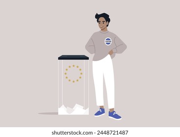 Stolze Bürgerin gibt Stimme an EU-Wahlurne ab, Lächelnde Figur macht bei den Wahlen zum Europäischen Parlament und ich habe gewählt