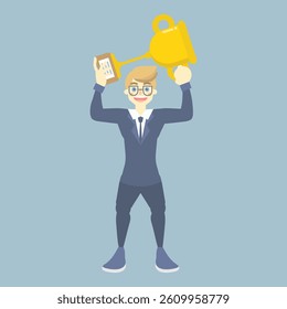 proud, confident businessman, office worker holding trophy in his hand, successful concept, flat character design vector illustration clip art