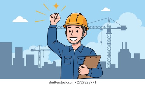Orgulloso trabajador de la construcción con casco y uniforme azul levantando un puño triunfalmente contra un telón de fondo de grúas y edificios de la ciudad.