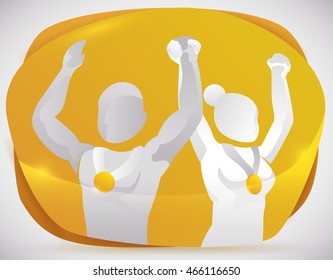 Proud couple of medalist in golden shape celebrating their triumph in sports event.