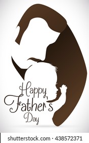 Proud dad kissing his newborn baby in commemorative sign for Father's Day in silhouette poster.