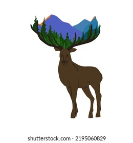 A proud deer holds mountains on its horns. A symbol of the forest, nature. Vector illustration. Logo, postcard.