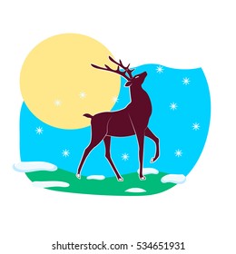 A proud deer on a background of sun, sky, snowflakes, grass and snow. Vector image. Graffiti, prints, posters, printed materials.