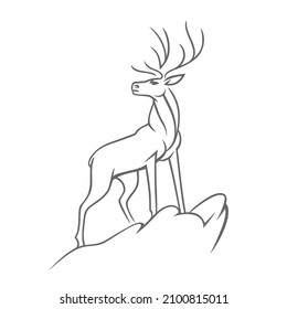A proud deer stands on the top of the mountain. Linear illustration