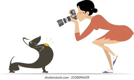 Orgulhoso cão e mulher fotógrafa. 
Show de cães. Jovem fotógrafa faz uma foto de cachorro feliz com uma medalha 
