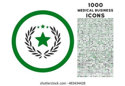 Proud Emblem rounded vector bicolor icon with 1000 medical business icons. Set style is flat pictograms, green and gray colors, white background.