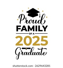 Orgulhosa família de uma letra de pós-graduação 2025 com boné de graduação. Cartaz de tipografia de citação de graduação.  Modelo de vetor para cartão de saudação, banner, adesivo, etiqueta, camisa, etc