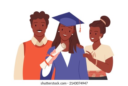 Proud Family People And Happy Graduate Standing Together Vector Illustration. Cartoon Mother, Father And Daughter Characters Celebrate Graduation, Girl Holding High School Diploma Isolated On White